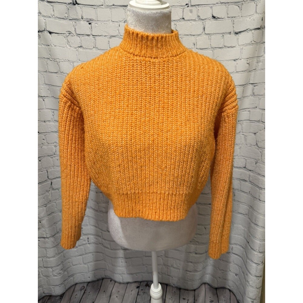 Bershka Sweater Pullover Women Orange Knit Crew Neck Long Sleeve Cropped Small